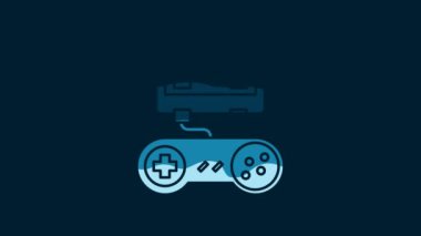 White Video game console with joystick icon isolated on blue background. 4K Video motion graphic animation.