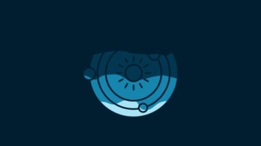 White Solar system icon isolated on blue background. The planets revolve around the star. 4K Video motion graphic animation.