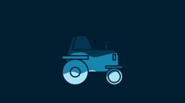 White Self driving wireless tractor on a smart farm icon isolated on blue background. Smart agriculture implement element. 4K Video motion graphic animation.