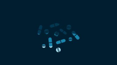 White Medicine pill or tablet icon isolated on blue background. Capsule pill and drug sign. Pharmacy design. 4K Video motion graphic animation.