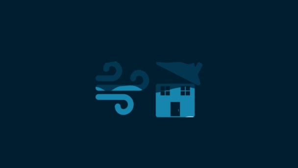 白い竜巻は青い背景に隔離された家の屋根のアイコンを損傷します サイクロン 嵐の漏斗 ハリケーン風のアイコン 4Kビデオモーショングラフィックアニメーション — ストック動画