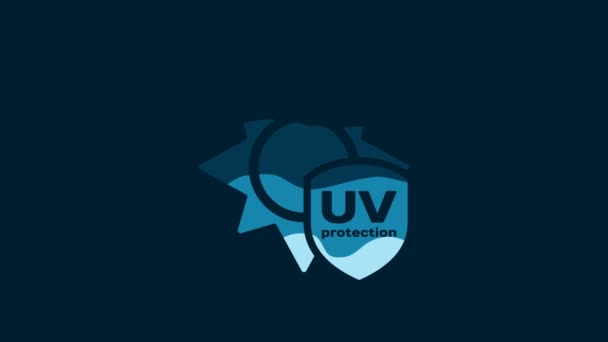 青色の背景に分離された白色Uv保護アイコン 太陽と盾 紫外線放射線 Spfの太陽サイン 4Kビデオモーショングラフィックアニメーション — ストック動画