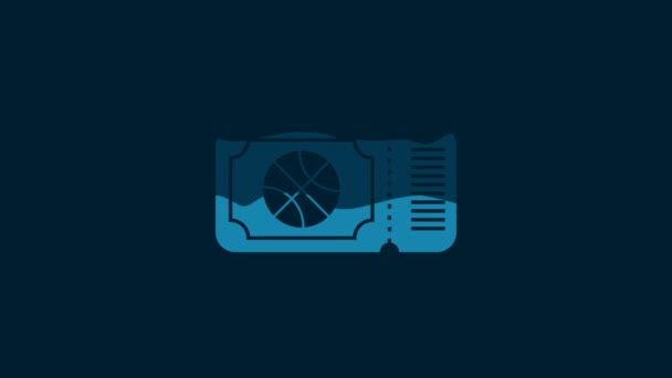 青い背景に隔離されたホワイトバスケットボールゲームチケットアイコン 4Kビデオモーショングラフィックアニメーション — ストック動画