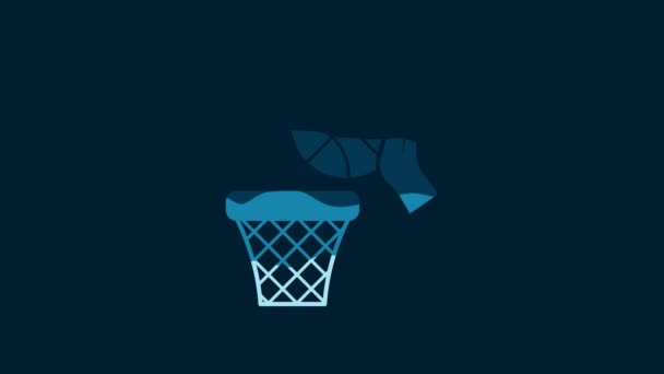 バスケットボールボールとバスケットのアイコンが青の背景に隔離されたホワイトハンド バスケットボール フープのボール 4Kビデオモーショングラフィックアニメーション — ストック動画
