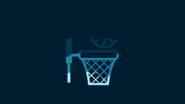 白いバスケットボールボールとバスケットのアイコンが青の背景に隔離されています バスケットボール フープのボール 4Kビデオモーショングラフィックアニメーション — ストック動画