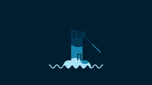 白い灯台のアイコンは青の背景に隔離されています 4Kビデオモーショングラフィックアニメーション — ストック動画