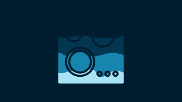 白色煤气炉图标隔离在蓝色背景 Cooktop标志 用四个圆形燃烧器做的滚筒 4K视频运动图形动画 — 图库视频影像