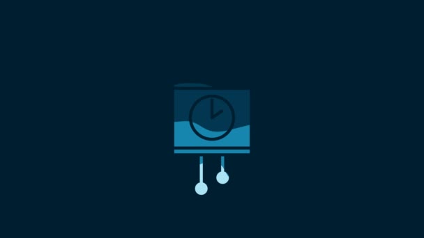 白色复古墙手表图标孤立在蓝色背景 布谷鸟时钟标志 古董钟摆钟 4K视频运动图形动画 — 图库视频影像