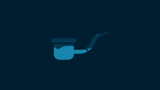 煙のアイコンが青の背景に隔離された白い喫煙パイプ タバコパイプ 4Kビデオモーショングラフィックアニメーション — ストック動画