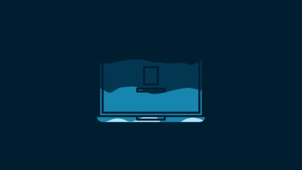 白色笔记本电脑图标隔离在蓝色背景 带有空屏幕标志的笔记本电脑 4K视频运动图形动画 — 图库视频影像
