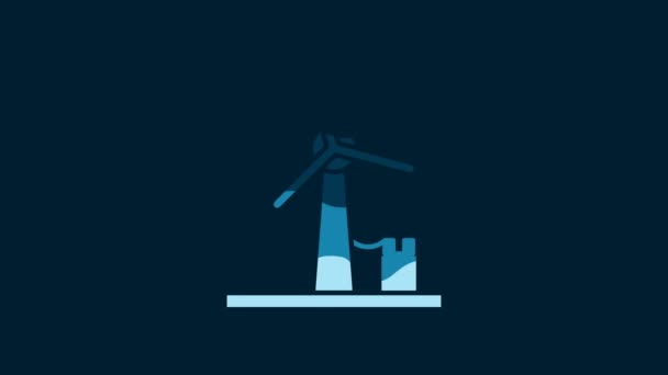 白色风力涡轮机图标隔离在蓝色背景 风力发电机的标志 用于发电的风车 4K视频运动图形动画 — 图库视频影像