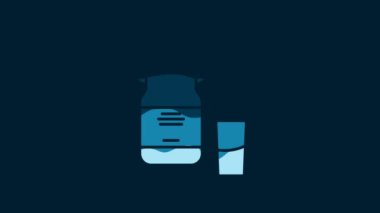 White Can container for milk and glass icon isolated on blue background. 4K Video motion graphic animation.