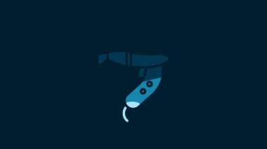 White Hair dryer icon isolated on blue background. Hairdryer sign. Hair drying symbol. Blowing hot air. 4K Video motion graphic animation.