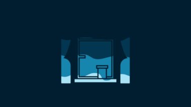 White Window with curtains in the room icon isolated on blue background. 4K Video motion graphic animation.