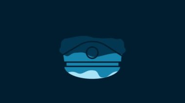 White Police cap with cockade icon isolated on blue background. Police hat sign. 4K Video motion graphic animation.