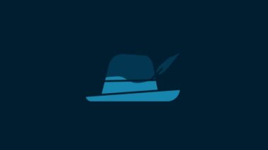 White Oktoberfest hat icon isolated on blue background. Hunter hat with feather. German hat. 4K Video motion graphic animation.