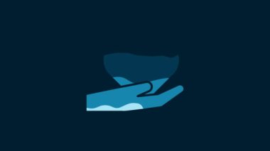 White Heart in hand icon isolated on blue background. Hand giving love symbol. Valentines day symbol. 4K Video motion graphic animation.