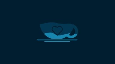 White Coffee cup and heart icon isolated on blue background. Couple coffee for lovers on Valentines Day. 4K Video motion graphic animation.