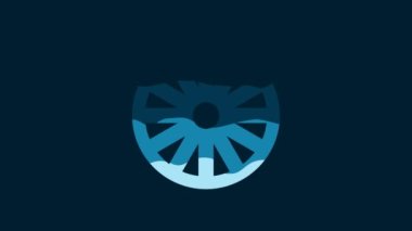 White Old wooden wheel icon isolated on blue background. 4K Video motion graphic animation.