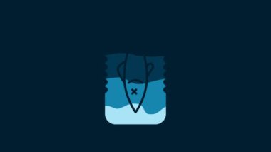 White Stop ocean plastic pollution icon isolated on blue background. Environment protection concept. Fish say no to plastic. 4K Video motion graphic animation.