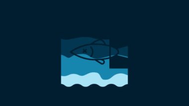 White Stop ocean plastic pollution icon isolated on blue background. Environment protection concept. Fish say no to plastic. 4K Video motion graphic animation.
