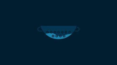 White Kitchen colander icon isolated on blue background. Cooking utensil. Cutlery sign. 4K Video motion graphic animation.