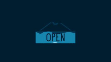 White Hanging sign with text Open door icon isolated on blue background. 4K Video motion graphic animation.