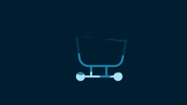 White Shopping cart icon isolated on blue background. Food store, supermarket. 4K Video motion graphic animation.