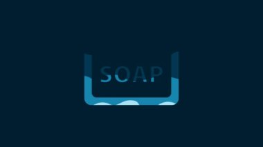 White Bar of soap with foam icon isolated on blue background. Soap bar with bubbles. 4K Video motion graphic animation.