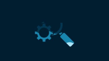 White Magnifying glass and gear icon isolated on blue background. Search gear tool. Business analysis symbol. 4K Video motion graphic animation.