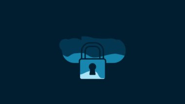 White Cloud computing lock icon isolated on blue background. Security, safety, protection concept. Protection of personal data. 4K Video motion graphic animation.