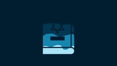 White Jewish torah book icon isolated on blue background. On the cover of the Bible is the image of the Star of David. 4K Video motion graphic animation.