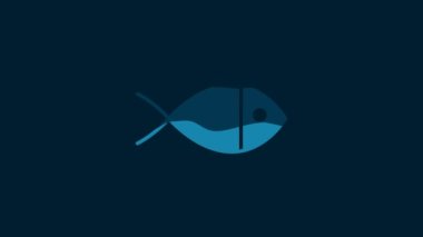 White Christian fish symbol icon isolated on blue background. Jesus fish symbol. 4K Video motion graphic animation.
