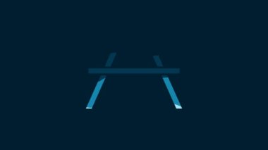 White Picnic table with benches on either side of the table icon isolated on blue background. 4K Video motion graphic animation.