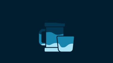 White Thermos container and cup icon isolated on blue background. Thermo flask icon. Camping and hiking equipment. 4K Video motion graphic animation.