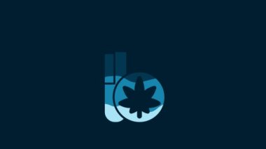 White Chemical test tube with marijuana or cannabis leaf icon isolated on blue background. Research concept. Laboratory CBD oil. 4K Video motion graphic animation.