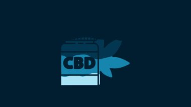 White Medical bottle with marijuana or cannabis leaf icon isolated on blue background. Mock up of cannabis oil extracts in jars. 4K Video motion graphic animation.