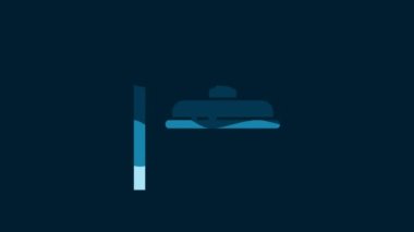 White Shower head with water drops flowing icon isolated on blue background. 4K Video motion graphic animation.