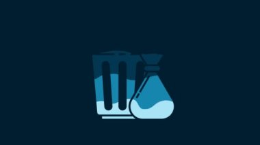White Trash can and garbage bag icon isolated on blue background. Garbage bin sign. Recycle basket icon. Office trash icon. 4K Video motion graphic animation.