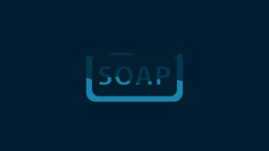 White Bar of soap icon isolated on blue background. Soap bar with bubbles. 4K Video motion graphic animation.