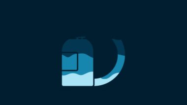 White Dishwashing liquid bottle and plate icon isolated on blue background. Liquid detergent for washing dishes. 4K Video motion graphic animation.