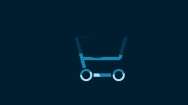 White Shopping cart icon isolated on blue background. Online buying concept. Delivery service sign. Supermarket basket symbol. 4K Video motion graphic animation.