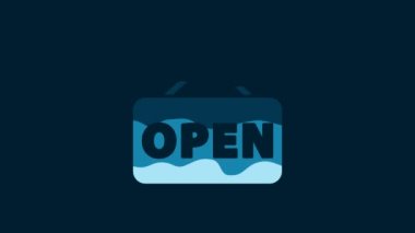 White Hanging sign with text Open door icon isolated on blue background. 4K Video motion graphic animation.