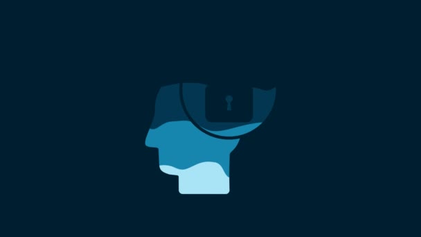 青い背景にロックアイコンを持つホワイトヒューマンヘッド 4Kビデオモーショングラフィックアニメーション — ストック動画