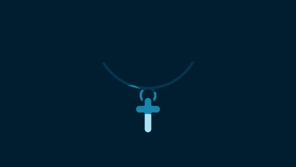 青色の背景に隔離されたチェーンアイコン上の白いキリスト教徒の十字架 教会の十字架 4Kビデオモーショングラフィックアニメーション — ストック動画