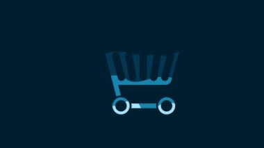 White Shopping cart icon isolated on blue background. Online buying concept. Delivery service sign. Supermarket basket symbol. 4K Video motion graphic animation.