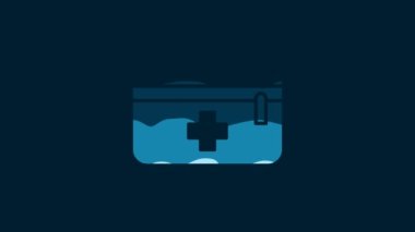 White First aid kit icon isolated on blue background. Medical box with cross. Medical equipment for emergency. Healthcare concept. 4K Video motion graphic animation.