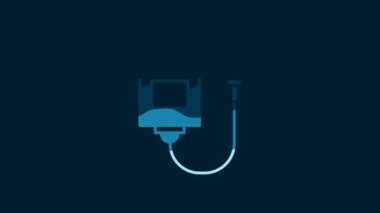 White IV bag icon isolated on blue background. Blood bag. Donate blood concept. The concept of treatment and therapy, chemotherapy. 4K Video motion graphic animation.