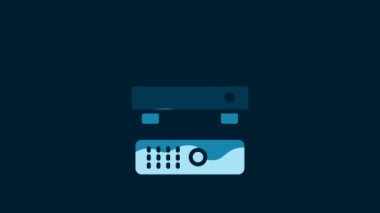 White Wireless multimedia and TV box receiver and player with remote controller icon isolated on blue background. 4K Video motion graphic animation.