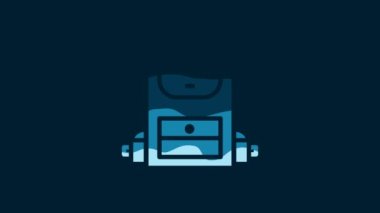 White Hiking backpack icon isolated on blue background. Camping and mountain exploring backpack. 4K Video motion graphic animation.